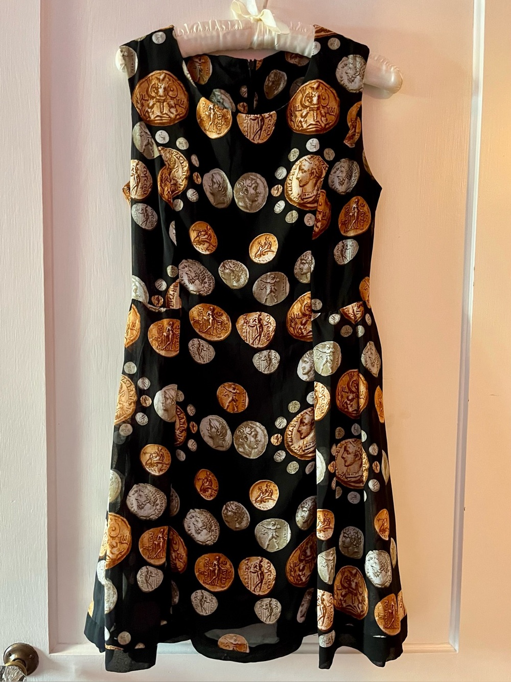 Sleeveless Fit & Flare Black Dress with Gold & Silver Ancient Coins Print